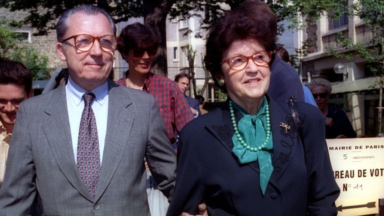 Jacques Delors with his wife Marie, after voting in the French presidential elections of 1995.
