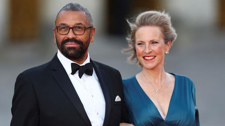 James Cleverly and his wife Susannah Cleverly arrive to attend a state dinner in honor of Britain&#39;s King Charles and Queen Camilla at the Chateau de Versailles (Versailles Palace) in Versailles
