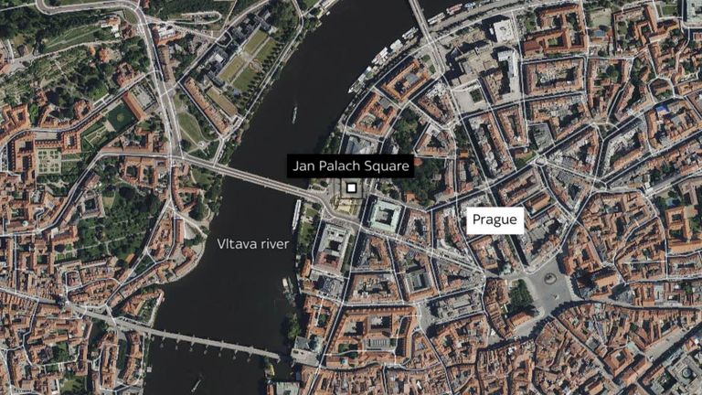 A map showing Jan Palach Square, where the shooting took place
