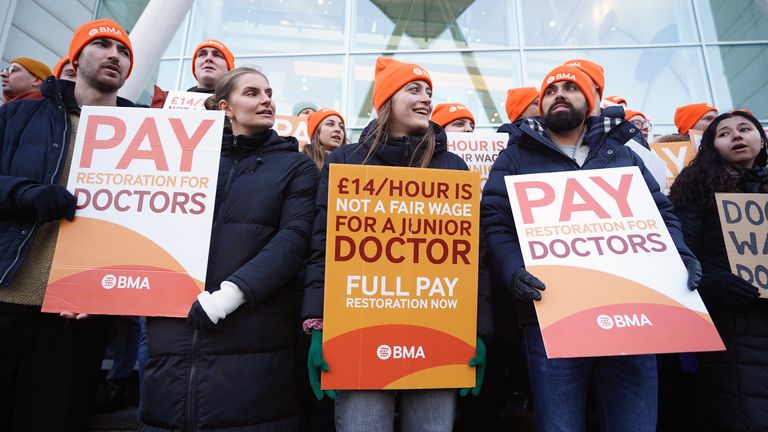 Junior doctors and members of the British Medical Association (BMA) on the picket line outside University College Hospital, London, during their continuing dispute over pay. Picture date: Wednesday December 20, 2023.