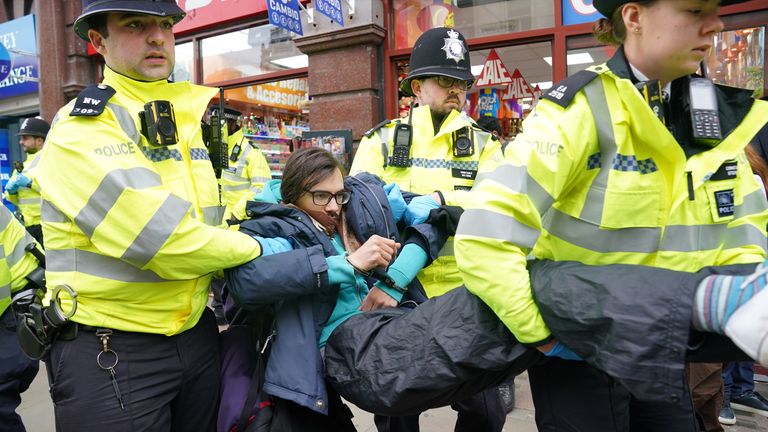 Police officers remove a Just Stop Oil protester who was detained during a protest near Whitehall in November