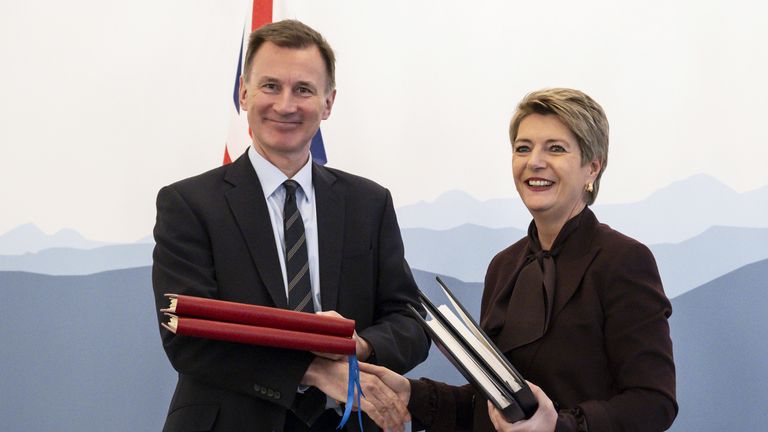 Karin Keller-Sutter and Jeremy Hunt shake hands during a press conference after signing of the agreement mutual recognition in financial services between Switzerland and the United Kingdom, in Bern, Switzerland
Pic:Keystone/AP