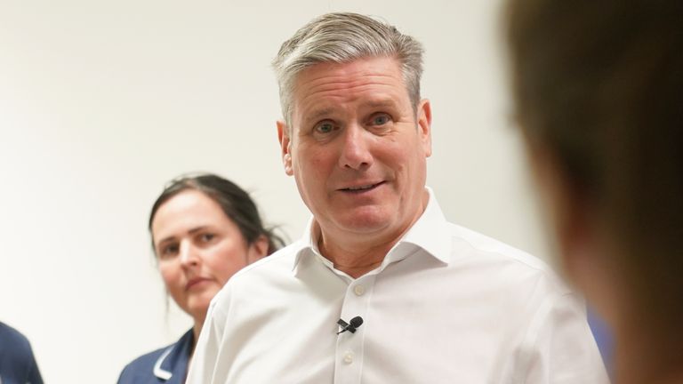 Labour leader Sir Keir Starmer talking to staff during a visit to the theatre recovery ward in the Bexley Wing of St James&#39; University Hospital in Leeds, West Yorkshire. Picture date: Monday December 18, 2023.