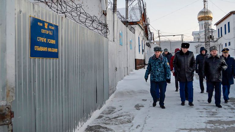 File: A group of officers walk inside a prison colony in the town of Kharp, in the Yamalo-Nenetsk region about 1,900 kilometers (1,200 miles) northeast of Moscow 
Pic:The Russian Federal Penitentiary Service/Ap