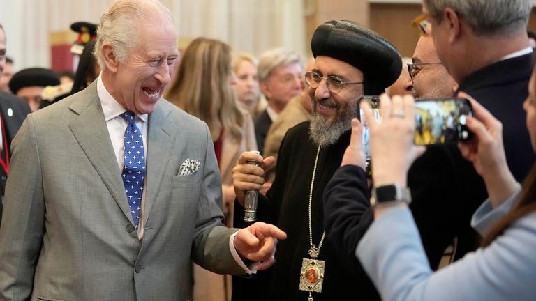 King Charles III  and Archbishop Angaelos arrive to attend an Advent Service and Christmas Reception at the Coptic Orthodox Church Centre UK in Stevenage. Picture date: Tuesday December 5, 2023. PA Photo. See PA story ROYAL King. Photo credit should read: Kin Cheung/PA Wire                                                                                                                                 
