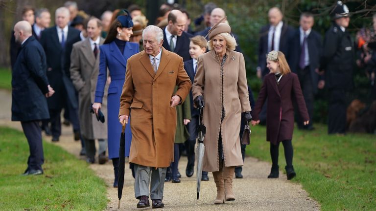 King Charles III and Queen Camilla attending the Christmas Day morning church service at St Mary Magdalene Church in Sandringham, Norfolk. Picture date: Monday December 25, 2023.
