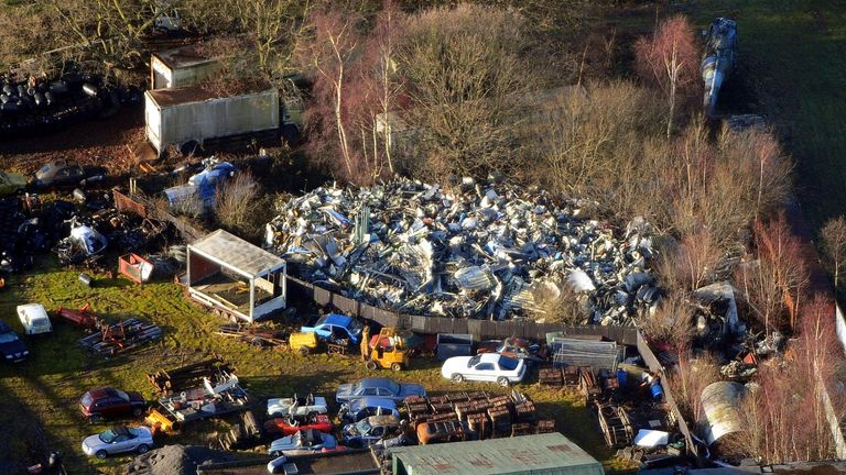 An aerial view showing part of the wreckage of Pan Am Flight 103 which is now kept in the corner of a salvage yard near Tattershall, Lincolnshire.