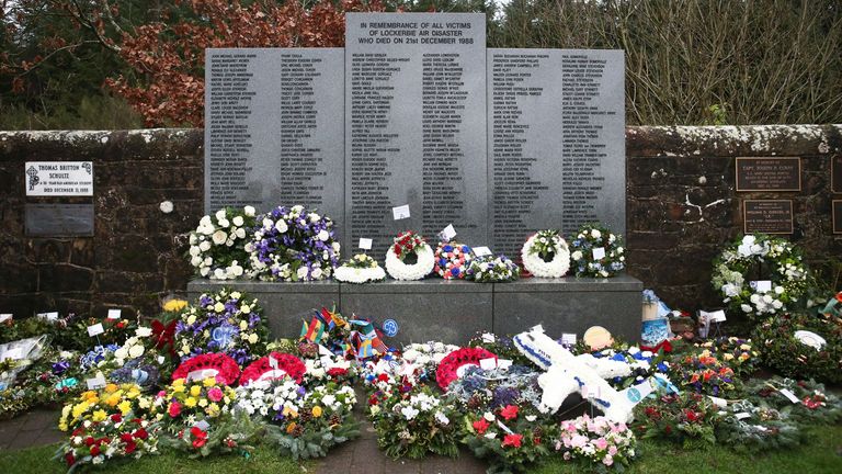 Wreaths and floral tributes left during the commemoration service in the Memorial Garden at Dryfesdale Cemetery in Lockerbie to mark the 30th anniversary of the Lockerbie bombing.