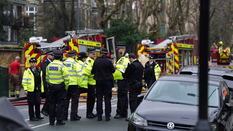 Fire engines and police officers on Seagrave Road in Fulham, west London, as firefighters tackle a blaze at London Oratory School. An atrium is alight in the four storey building, the fire brigade said. Picture date: Wednesday December 27, 2023.