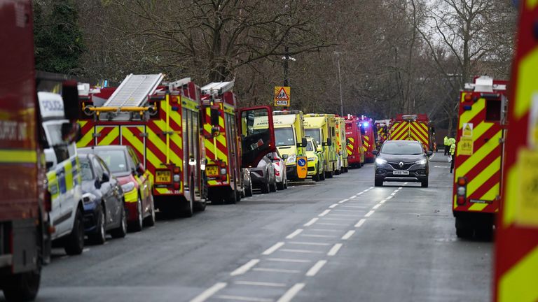 Fire engines and ambulances on Seagrave Road in Fulham, west London, as firefighters tackle a blaze at London Oratory School. An atrium is alight in the four storey building, the fire brigade said. Picture date: Wednesday December 27, 2023.
