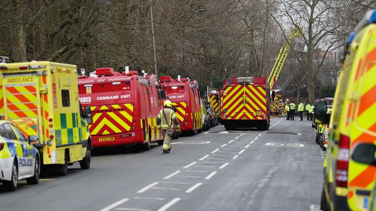 Fire engines and ambulances on Seagrave Road in Fulham, west London, as firefighters tackle a blaze at London Oratory School. An atrium is alight in the four storey building, the fire brigade said. Picture date: Wednesday December 27, 2023.