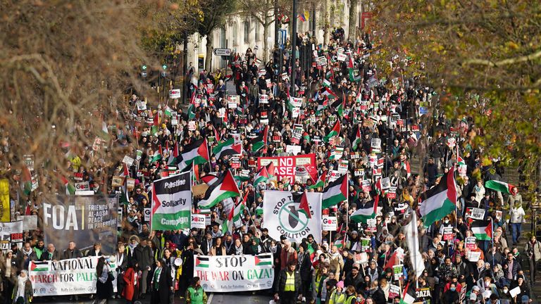 Protesters on the Embankment during a pro-Palestine march , organised by the Palestine Solidarity Campaign, in central London, to call for a ceasefire in the conflict between Israel and Hamas. Picture date: Saturday December 9, 2023.


