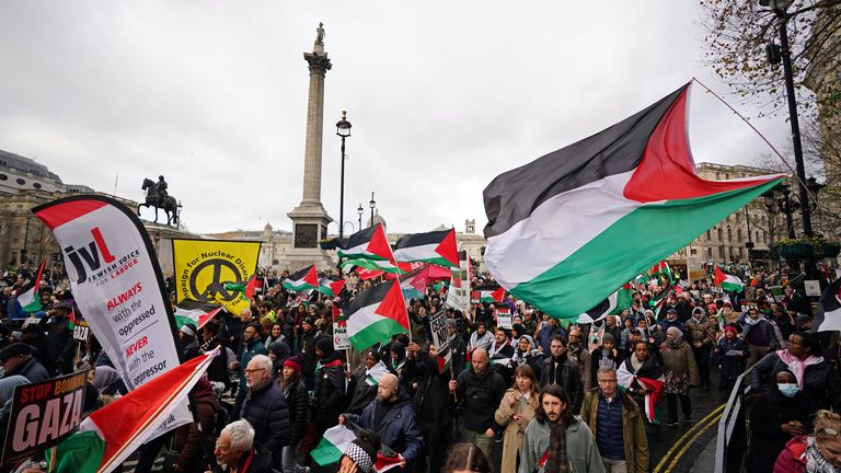 Protesters in Trafalgar Square during a pro-Palestine march, organised by the Palestine Solidarity Campaign, in central London, to call for a ceasefire in the conflict between Israel and Hamas. Picture date: Saturday December 9, 2023. PA Photo. See PA story POLITICS Israel Protest. Photo credit should read: James Manning/PA Wire