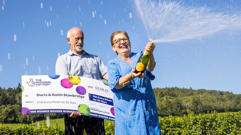EMBARGOED TO 0001 TUESDAY DECEMBER 26 Undated handout photo issued by Camelot of Doris and Keith Stanbridge from Dorking celebrate £10,000 every month for the next 30 years Set for Life win from The National Lottery. Issue date: Tuesday December 26, 2023.