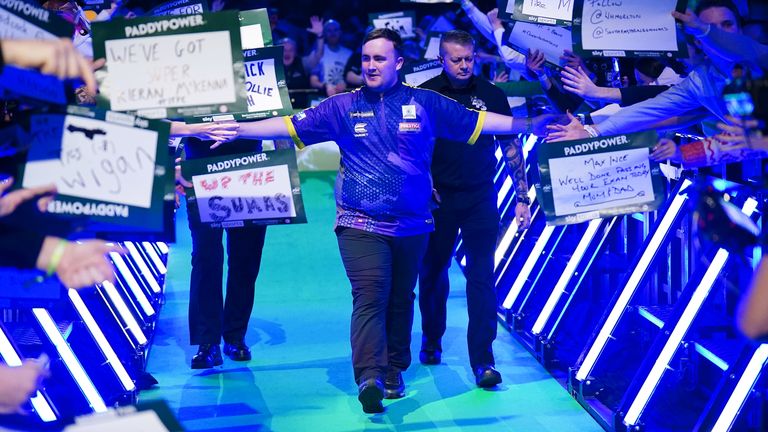 Luke Littler walks out to play Christian Kist (not pictured) on day six of the Paddy Power World Darts Championship at Alexandra Palace, London. Picture date: Wednesday December 20, 2023. PA Photo. See PA story DARTS World. Photo credit should read: Zac Goodwin/PA Wire...RESTRICTIONS: Use subject to restrictions. Editorial use only, no commercial use without prior consent from rights holder.