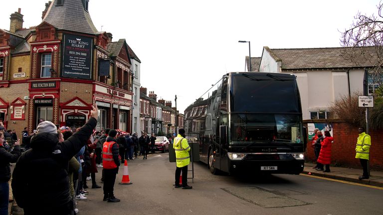 The Manchester United team bus on its approach to Anfield, 17 December 2023. Pic: PA