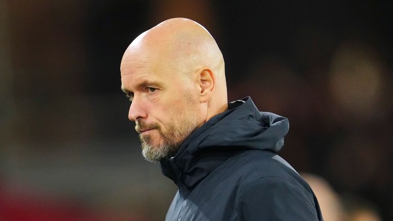 Manchester United&#39;s head coach Erik ten Hag waits for the start of the English Premier League soccer match between Sheffield United and Manchester United at Bramall Lane in Sheffield, England, Saturday, Oct. 21, 2023. (AP Photo/Jon Super)