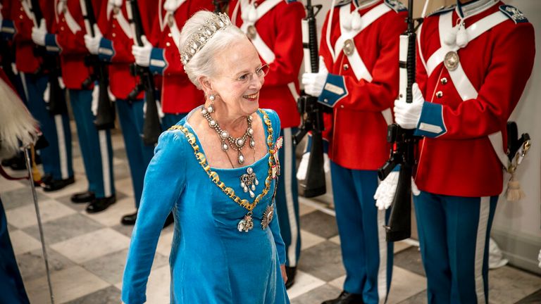 Danish Queen Margrethe arrives at the gala banquet at Christiansborg Palace in Copenhagen Sunday, Sept. 11, 2022. Scaled-down celebrations took place Sunday in Denmark marking 50 years on the throne by Queen Margrethe, whose reign is now Europe...s longest following the death of Britain...s Queen Elizabeth II.  (Mads Claus Rasmussen/Ritzau Scanpix via AP)