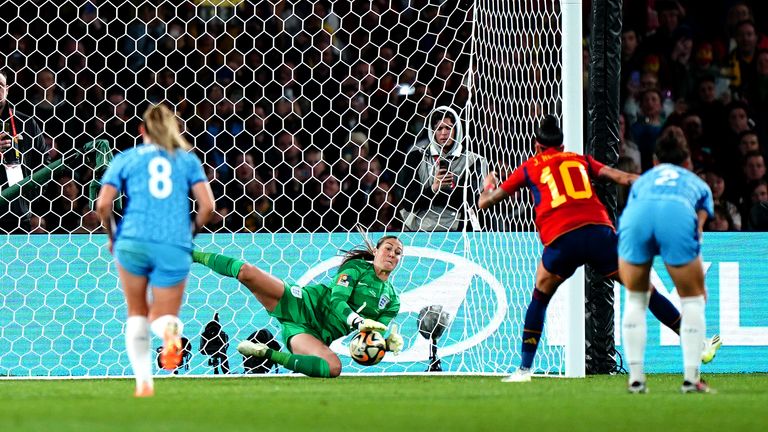 England goalkeeper Mary Earps saves a penalty from Spain&#39;s Jennifer Hermoso during the FIFA Women&#39;s World Cup final match at Stadium Australia, Sydney. Picture date: Sunday August 20, 2023. PA Photo. See PA story WORLDCUP Final. Photo credit should read: Zac Goodwin/PA Wire...RESTRICTIONS: Use subject to restrictions. Editorial use only, no commercial use without prior consent from rights holder.