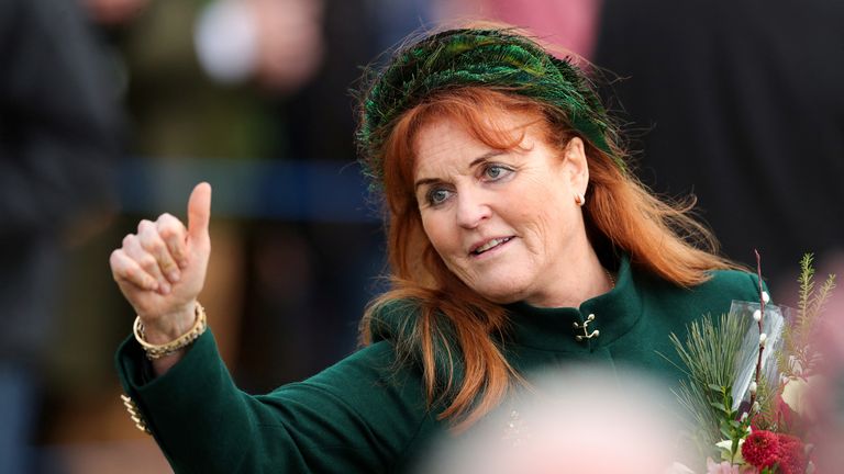 Sarah Ferguson gestures as she attends the Royal Family&#39;s Christmas Day service at St. Mary Magdalene&#39;s church, as the Royals take residence at the Sandringham estate in eastern England, Britain December 25, 2023. REUTERS/Chris Radburn

