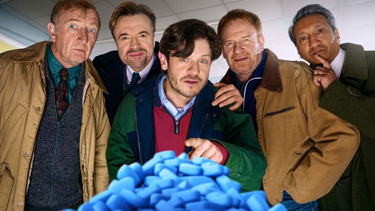 Steffan Rhodri, Paul Rhys, Iwan Rheon, Mark Lewis Jones and Phaldut Sharma star in Men Up. Pic: BBC/Quay Street Productions/Alistair Heap