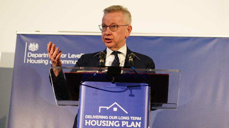 Housing Secretary Michael Gove making a speech in central London setting out how he plans to speed up the planning system. Picture date: Tuesday December 19, 2023. PA Photo. See PA story POLITICS Housing. Photo credit should read: Jordan Pettitt/PA Wire              