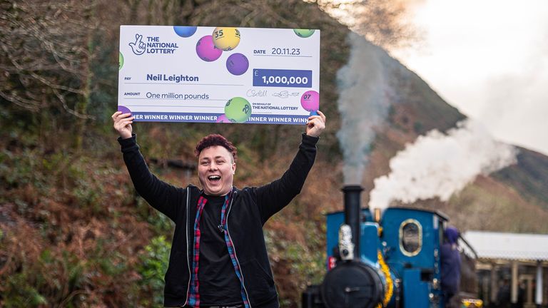 EMBARGOED TO 0001 TUESDAY DECEMBER 26 Undated handout photo issued by Camelot of Neil Leighton celebrates his 1M National Lottery win at the Talyllyn Railway. Issue date: Tuesday December 26, 2023.

