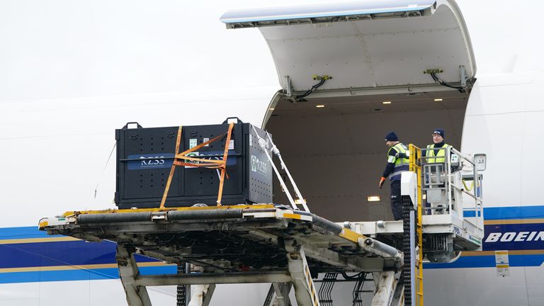 Giant pandas Yang Guang and Tian Tian inside metal crates are loaded onto a China Southern cargo plane at Edinburgh Airport to begin their journey back to China after spending 12 years a China Southern cargo plane at Edinburgh zoo. Picture date: Monday December 4, 2023.