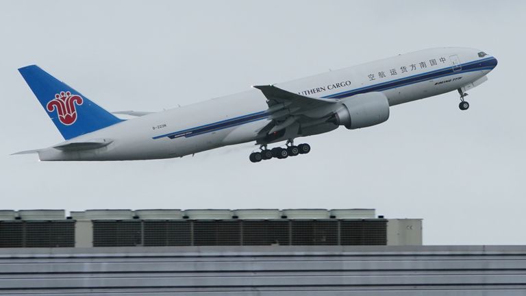 The China Southern cargo plane carrying Giant pandas Yang Guang and Tian Tian takes off from Edinburgh Airport as they begin their journey back to China after spending 12 years a China Southern cargo plane at Edinburgh zoo. Picture date: Monday December 4, 2023