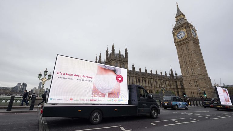 EDITORIAL USE ONLY A view of a digital van in Westminster as part of the &#39;Say Pants to the Tax&#39; campaign led by Marks and Spencer calling on the Chancellor to make period pants VAT free. Picture date: Monday November 20, 2023.