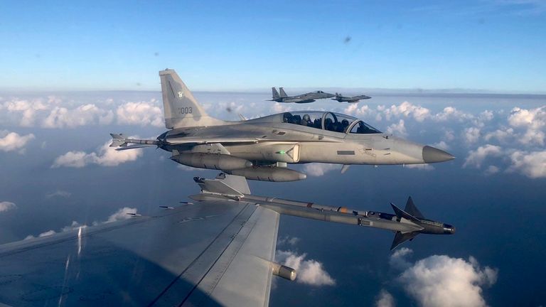 A Philippine Air Force FA-50PH fighter jet in a maritime patrol with the United States. Pic: AP