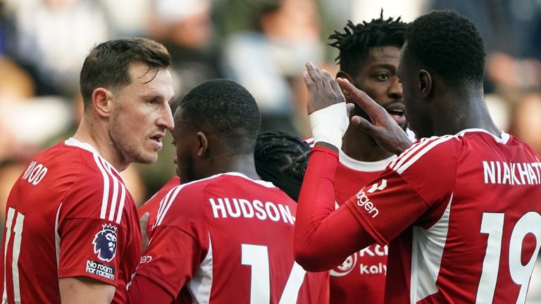 Nottingham Forest's Chris Wood (L) celebrates scoring his side's first goal at St James' Park