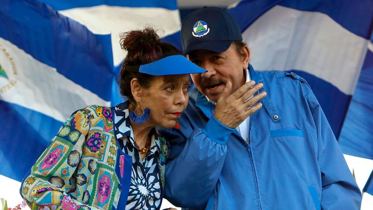 FILE - Nicaragua&#39;s President Daniel Ortega and his wife, Vice President Rosario Murillo, lead a rally in Managua, Nicaragua, Sept. 6, 2018. The U.S. State Department called Nicaragua...s formal withdrawal from the Organization of American States on Sunday, Nov. 19, ...another step away from democracy....  The regional body, known by its initials OAS, has long criticized rights violations under Nicaraguan President Daniel Ortega. Ortega, who governs alongside his wife, Vice President Rosario Murillo, has rejected those criticisms and started the two-year process to leave the OAS in November 2021. (AP Photo/Alfredo Zuniga, File)