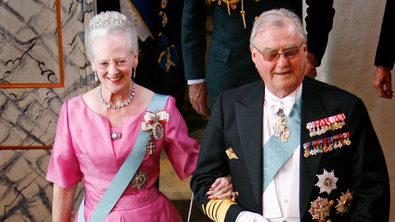 Queen Margrethe and her husband Prince Henrik at the wedding of their son Prince Joachim in 2008
