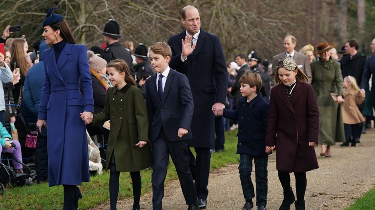 (left to right) the Princess of Wales, Princess Charlotte, Prince George, the Prince of Wales, Prince Louis and Mia Tindall attending the Christmas Day morning church service at St Mary Magdalene Church in Sandringham, Norfolk. Picture date: Monday December 25, 2023.
