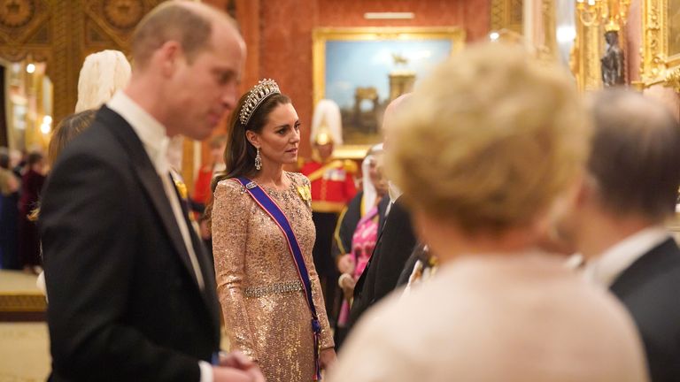 The Prince and Princess of Wales at an evening reception for members of the Diplomatic Corps at Buckingham Palace in London. Picture date: Tuesday December 5, 2023. PA Photo. Photo credit should read: Jonathan Brady/PA Wire
