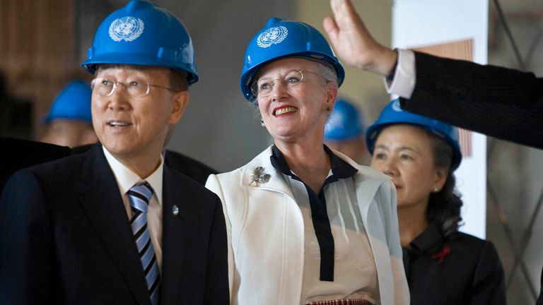 The then-Secretary General Ban Ki-moon and Queen Margrethe during a visit to the United Nations headquarters in New York in 2011