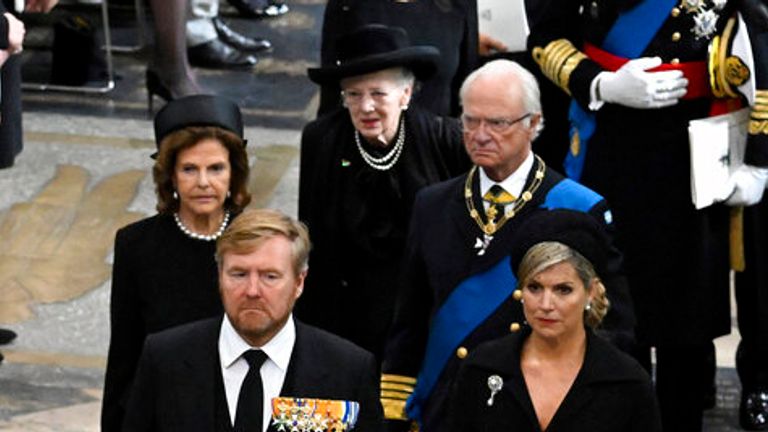 Beatrix of the Netherlands, King Willem-Alexander of the Netherlands, Queen Maxima of the Netherlands, Queen Silvia of Sweden, Carl XVI Gustaf, King of Sweden and Queen Margrethe II of Denmark depart, after the State Funeral of Queen Elizabeth II, at Westminster Abbey, in London, Monday Sept. 19, 2022. The Queen, who died aged 96 on Sept. 8, will be buried at Windsor alongside her late husband, Prince Philip, who died last year.  (Gareth Cattermole/Pool Photo via AP)