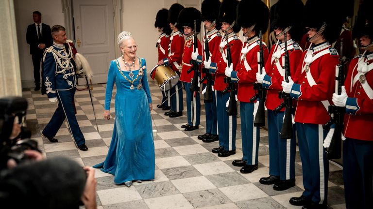 Queen Margrethe arrives at a gala banquet to mark the 50th anniversary of her accession to the throne at Christiansborg Palace in Copenhagen in September 2022