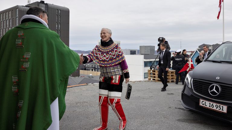 Queen Margrethe arrives for the episcopal wedding for Greenland's new Bishop Paneeraq Siegstad Munk in 2021