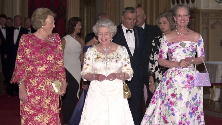 Queen Beatrix of the Netherlands, Queen Elizabeth II and Queen Margrethe at a dinner for European sovereigns at Windsor Castle in 2002