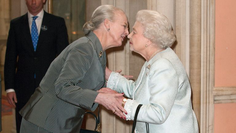 Queen Elizabeth greeting Queen Margrethe at a reception before the Diamond Jubilee lunch at Windsor Castle in 2012