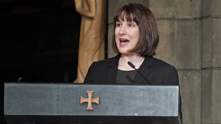 Shadow chancellor, Rachel Reeves reads a eulogy during the memorial service of Alistair Darling at Edinburgh&#39;s St Mary&#39;s Episcopal Cathedral. The former chancellor of the exchequer died on November 30, aged 70, following a stay in hospital where he was being treated for cancer. Picture date: Tuesday December 19, 2023.