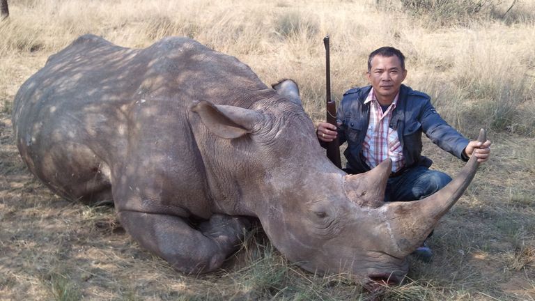Chumlong Lemtongthai after a rhino has been captured. Pic: BBC Studios/Sky
