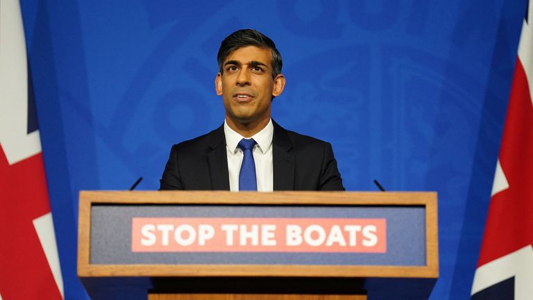 Rishi Sunak during a press conference in the Downing Street Briefing Room, as he gives an update on the plan to &#34;stop the boats&#34; and illegal migration 