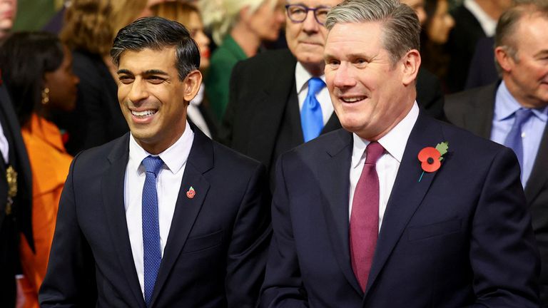 British Prime Minister Rishi Sunak and Sir Keir Starmer at the state opening of parliament in 2023