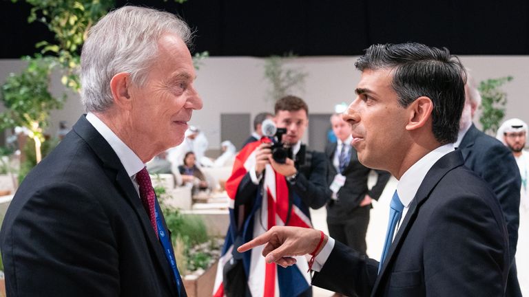 Prime Minister Rishi Sunak talks to former British Prime Minister, Tony Blair win the sidelines of the Cop28 UN climate summit in Dubai. Picture date: Friday December 1, 2023.

