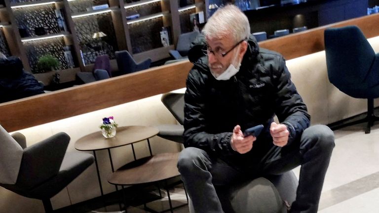 FILE PHOTO: Sanctioned Russian oligarch Roman Abramovich sits in a VIP lounge at Ben Gurion international airport in Lod near Tel Aviv, Israel, March 14, 2022. REUTERS/Stringer/File Photo

