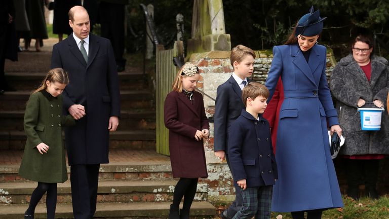 William, Prince of Wales, Catherine, Princess of Wales, Prince George, Prince Louis, Princess Charlotte and Mia Tindall attend the Royal Family&#39;s Christmas Day service at St. Mary Magdalene&#39;s church, as the Royals take residence at the Sandringham estate 