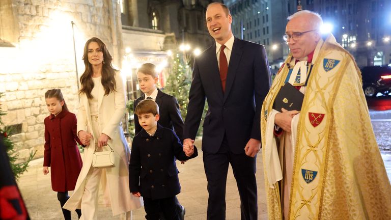 Prince George, Princess Charlotte and Prince Louis hold candles during the Royal Carols - Together At Christmas service at Westminster Abbey in London. Picture date: Friday December 8, 2023.
